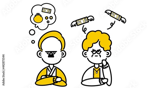 お金について悩むシンプルな中年男女セット　Worry about money simple middle aged set