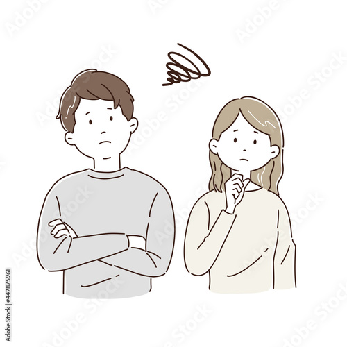 悩む夫婦、若い夫婦、困る、心配する、男性、女性