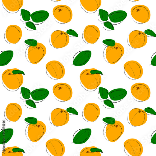 Seamless background with orange apricots and leaves, line art and color.