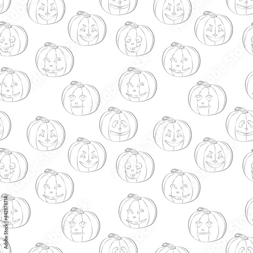 Seamless background with Jack’s lamps, black line art, Halloween.