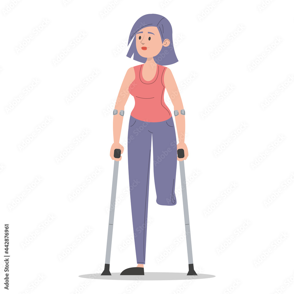 Young woman on crutches vector isolated. Injured lady, amputated leg. Concept of people with disability. Handicapped girl. Injured person. Young woman on crutches vector isolated. Injured lady, amputated leg. Concept of people with disability. Handicapped girl. Injured person.