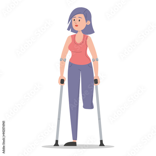 Young woman on crutches vector isolated. Injured lady, amputated leg. Concept of people with disability. Handicapped girl. Injured person.