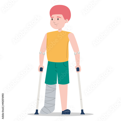 Little boy on crutches with a broken leg in gypsum vector isolated. Injured child. Disabled person standing.