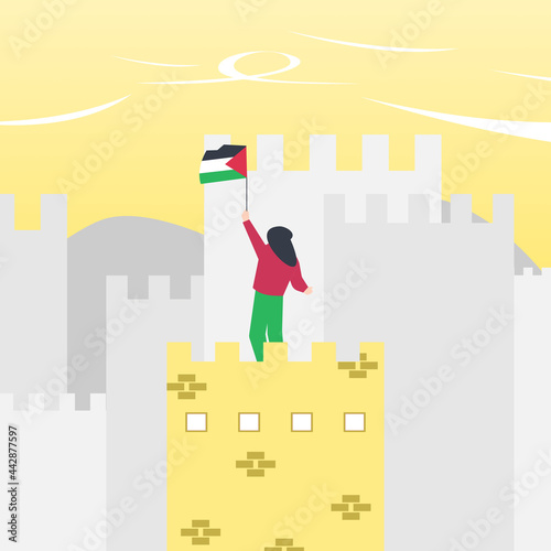 illustration of a palestinian warrior fighter holding a flag