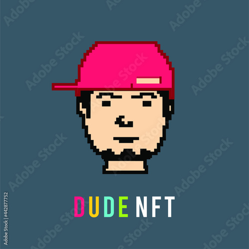 NFT Crypto Punk Style Icon of a Young Man's Face. Pixel Art of a Man Wearing a Trucker's Hat.