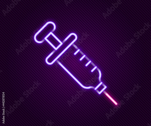 Glowing neon line Syringe icon isolated on black background. Syringe for vaccine, vaccination, injection, flu shot. Medical equipment. Colorful outline concept. Vector