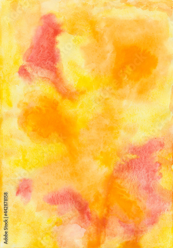 Watercolor paint on paper, multi-colored background, red, yellow and orange hand-drawn.