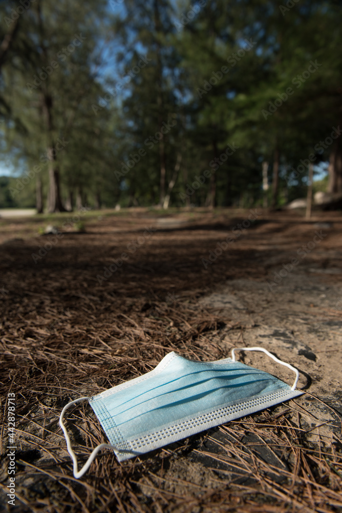 Blue surgical mask on ground and background is the forest. Blue surgical mask on ground and background is the forest.