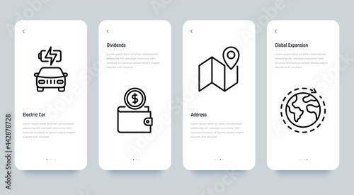Venture capital mobile user interface with thin line icons set. Electric car, dividends, global expansion. Pixel perfect, editable stroke. Vector illustration.