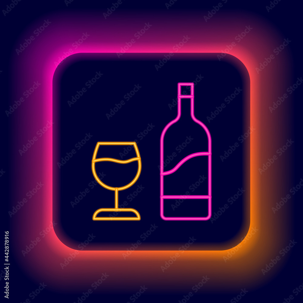 Glowing neon line Wine bottle with glass icon isolated on black background. Colorful outline concept. Vector Glowing neon line Wine bottle with glass icon isolated on black background. Colorful outline concept. Vector