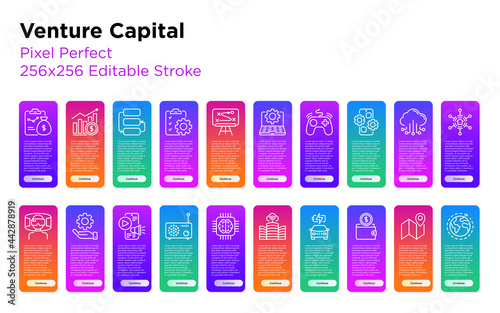 Venture capital thin line icons set. Investment project, capitalization increase, strategy, dividends, global expansion, high tech, it sector. Pixel perfect, editable stroke. Vector illustration.