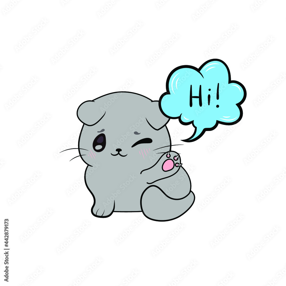 Fototapeta premium Vector cartoon kitten saying Hi, illustration, comic style and blue talk bubble, cat isolated on white background. 
