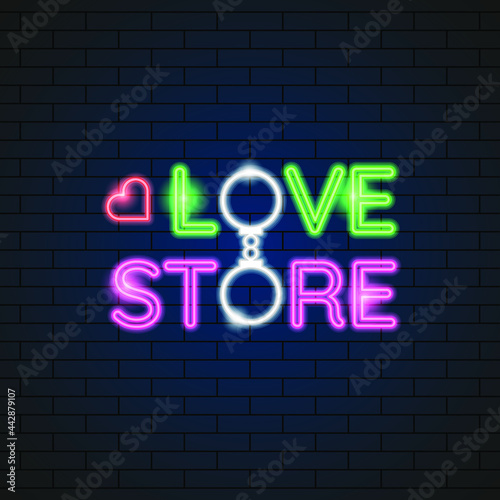 Abstract Sex Shop Handcuffs Adult Toys Neon Light Electric Lamp Background Vector Design Style Signage Advertising Design Template Logo Logotype Symbol Sign
