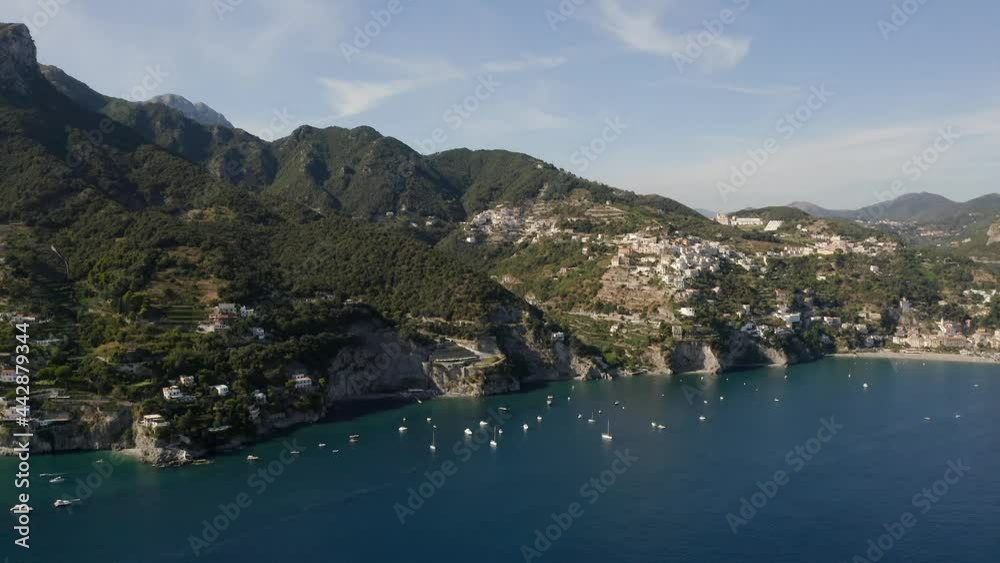 Aerial view to Vietri sul Mare and Salerno south city in Italy. Beautiful view from above to the sea and landscape. ships near town. Concept of tourism, journey and traveling. Boats and ships. Aerial view to Vietri sul Mare and Salerno south city in Italy. Beautiful view from above to the sea and landscape. ships near town. Concept of tourism, journey and traveling. Boats and ships.