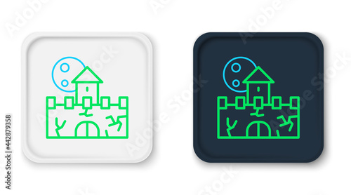 Line Castle icon isolated on white background. Medieval fortress with a tower. Protection from enemies. Reliability and defense of the city. Colorful outline concept. Vector