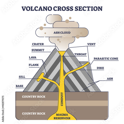 Volcano cross section with structure description in side view outline diagram. Educational geology information scheme with layers and geographical data vector illustration. Eruption and lava example.