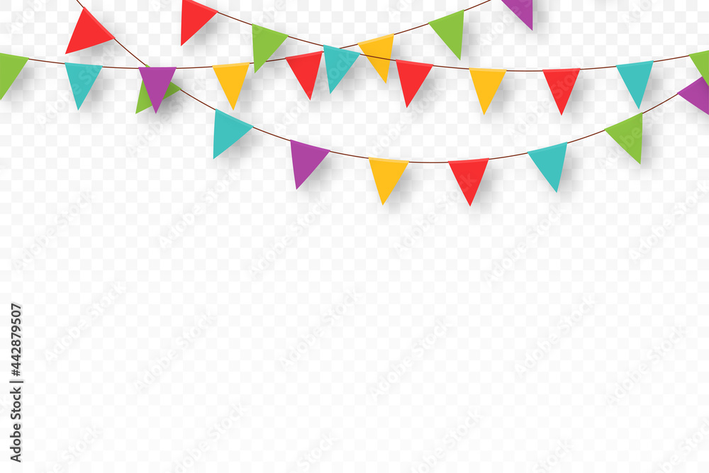 Carnival garland with pennants. Decorative colorful party flags for birthday celebration, festival and fair decoration. Festive background with hanging flags and pennants