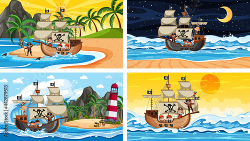 Set of different beach scenes with pirate ship and pirate cartoon character