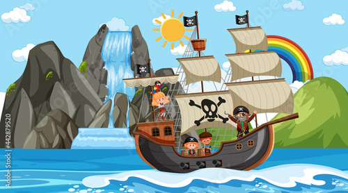 Beach with Pirate ship at daytime scene in cartoon style