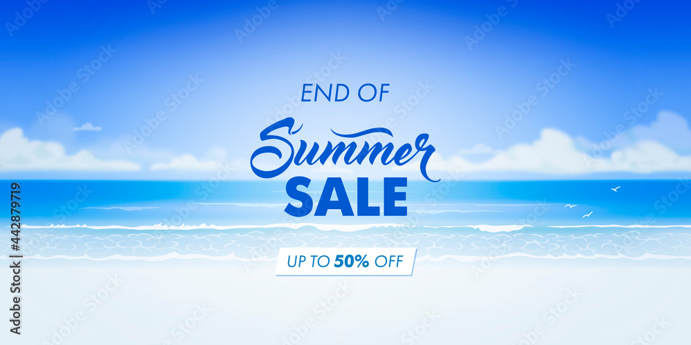 Vector beautiful realistic top view illustration of sandy summer beach. Summer sale horizontal banner - obrazy, fototapety, plakaty 