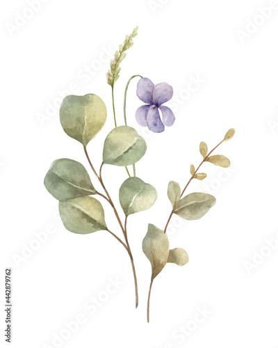 Watercolor vector bouquet of with wildflower flowers and leaves.
