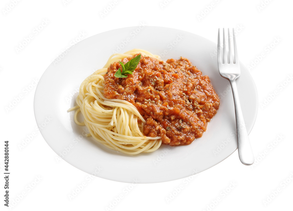 Close up a spaghetti and red sauce in white dish on white background