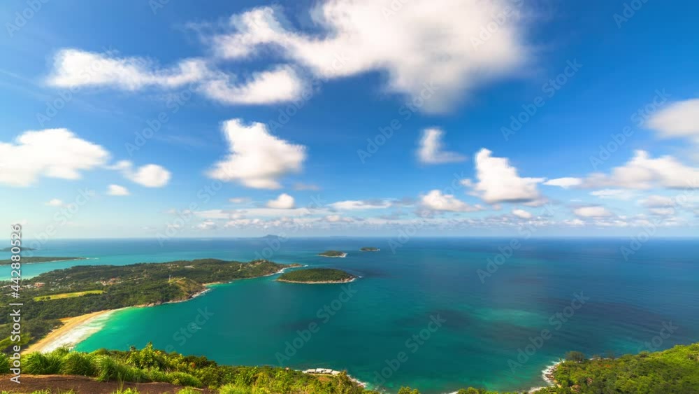 4K UHD areial view Beautiful sunset over Prom Thep Cape viewpoint. with clouds In the middle of the sea.Promthep cape is the most popular viewpoint in Phuket.