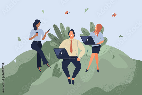 Office workers sitting on green lawn. Concept of good comfortable environment at work, favorable psychological climate,high pay and freedom of creativity for employees. Raster flat illustration