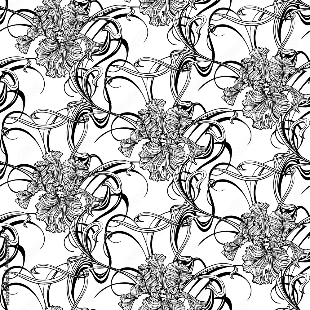 Fototapeta premium seamless pattern of flowers and leaves of irises in vintage style Art Nouveau and Art Deco with gold. Exquisite botanical background. Hommage Victorian fabric design