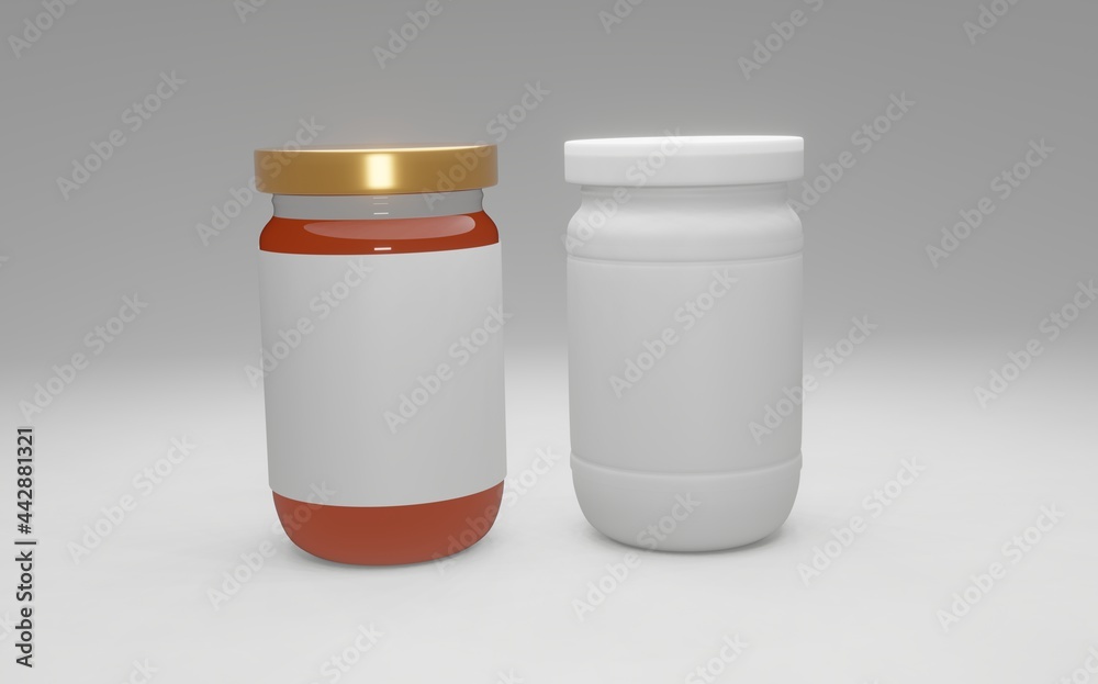 3D blank plastic and glass bottle mockup isolated on white. jam bottle mockup 3D blank plastic and glass bottle mockup isolated on white. jam bottle mockup