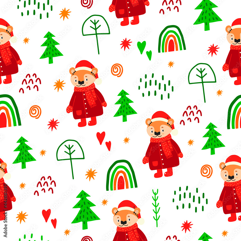 Fototapeta premium New Year's seamless pattern with the symbol of the new year 2022 - tiger for the design of children's clothing, fabrics, and rooms. Flat doodle style. Cute illustration with a tiger. 