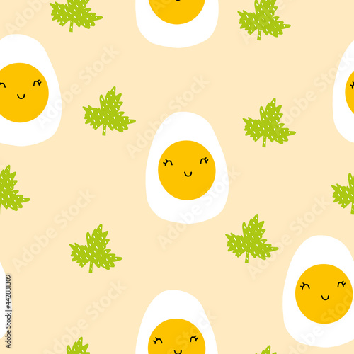 A pattern with a boiled egg and parsley. Seamless pattern with scrambled eggs for the design of fabrics, clothing, wallpaper. Kawaii with omelet. Cute set for printing in a cafe, tablecloths.