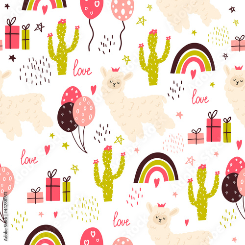 Seamless pattern with a small llama, cacti, gifts. Vector illustration of a llama for birthday decoration. Flat doodle style. Children's pattern with an alpaca. Happy Birthday. 