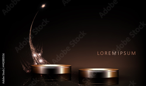 Black stage with geometric round shapes, abstract shape with flash