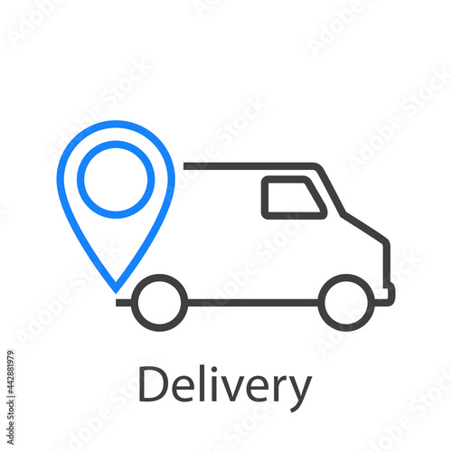 Logo con texto Delivery con camión de transporte con marcador de posición con lineas en color azul y gris