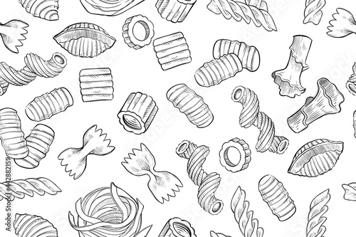 Seamles pattern of various pasta, monochrome, hand drawn vector