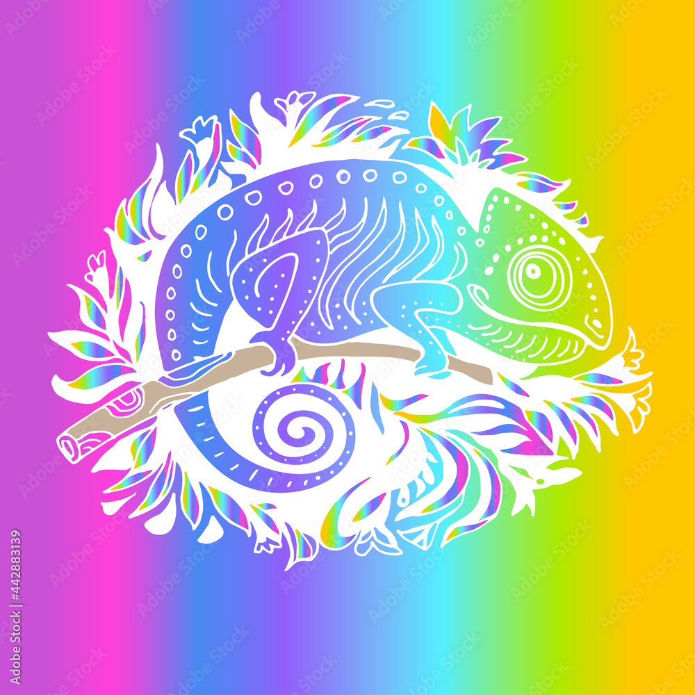 Hand Drawn Colored Chameleon in Doodle Style Isolated on Rainbow Background. Hand drawn reptile vector Illustration in cartoon style. Tropical Animal Collection. 