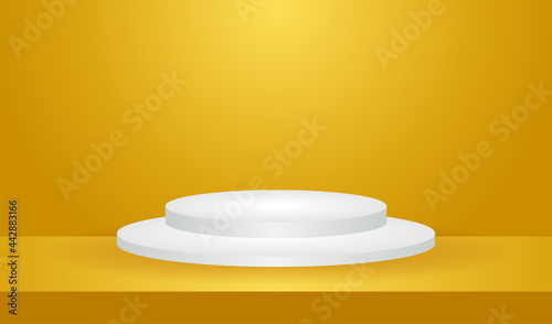 Modern room yellow Cylinder podium stand background with illuminate light style for showing cosmetic , presentation mock up, concept . Empty counter shelf and product backdrops stage pedestal