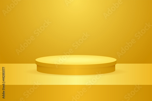 Modern room yellow Cylinder podium stand background with illuminate light style for showing cosmetic , presentation mock up, concept . Empty counter shelf and product backdrops stage pedestal