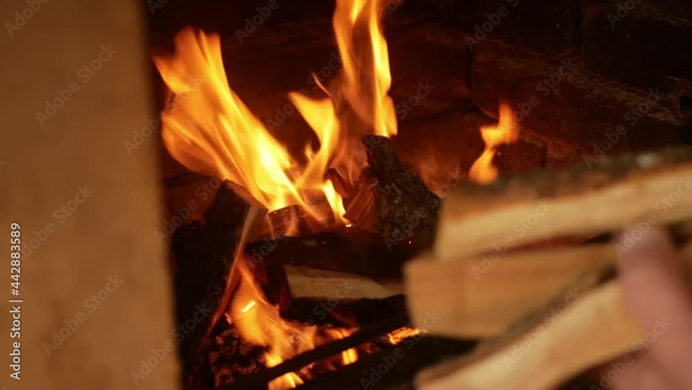 Beautiful fire, igniting a fire. Flames in the fireplace, wood for cooking meat. Brick grill. The screensaver, the footage. man puts new wood Beautiful fire, igniting a fire. Flames in the fireplace, wood for cooking meat. Brick grill. The screensaver, the footage. man puts new wood