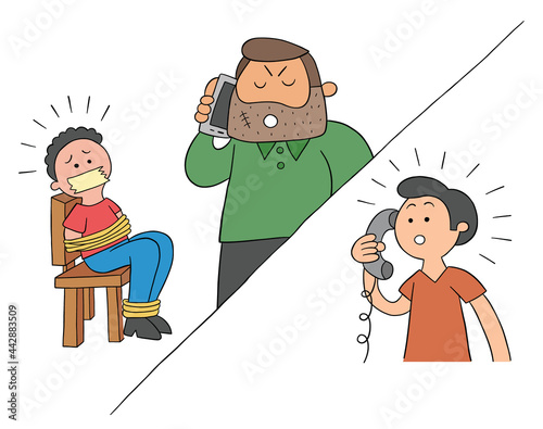 Cartoon man held hostage and ransom demanded by phone, vector illustration