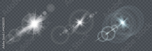 Set. Shining star, the sun particles and sparks with a highlight effect, golden bokeh lights glitter and sequins. On a dark background transparent. Vector,