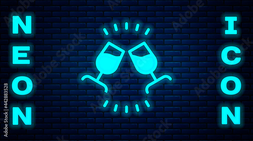 Glowing neon Wine tasting, degustation icon isolated on brick wall background. Sommelier. Smells of wine. Vector