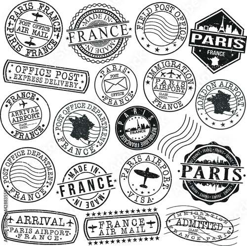 Paris France Stamp Vector Art Postal. Passport Travel Design Set Sign Postmark.