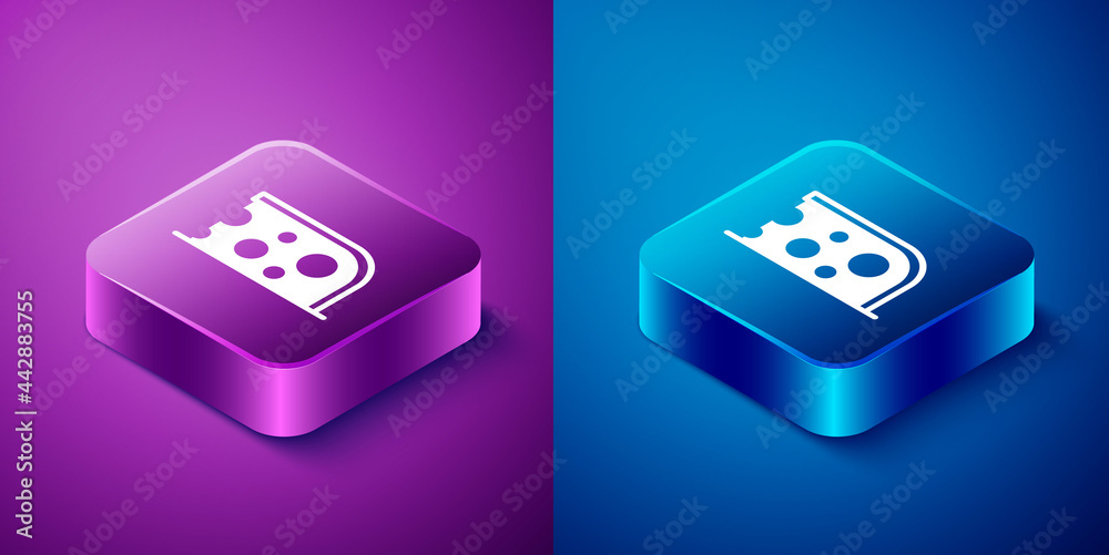 Isometric Cheese icon isolated on blue and purple background. Square button. Vector Isometric Cheese icon isolated on blue and purple background. Square button. Vector