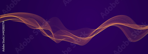 Wave line of flowing particles over dark abstract vector background, smooth curvy shape shining dots fluid array. 3d dots blended mesh, future technology relaxing wallpaper.