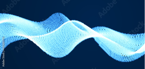 3d particles mesh array, sound wave flowing over dark. Round shining points vector effect illustration. Blended mesh, future technology relaxing wallpaper.