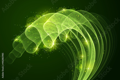 Vector abstract background with magic wave of flowing particles over dark, smooth curve shape lines, transparent tulle textile on wind. 3d shape dots magic blended mesh.