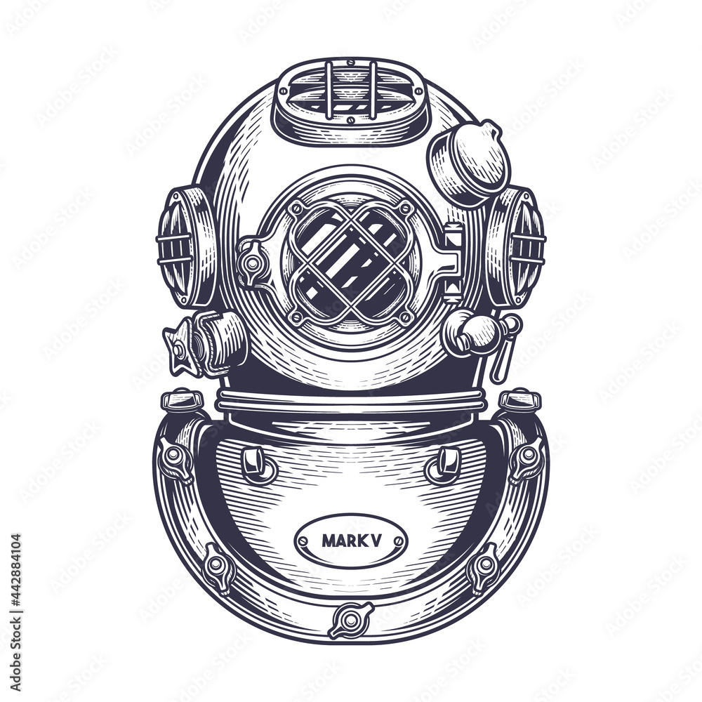 Vintage diving helmet. Colorful hand drawn vector illustration in