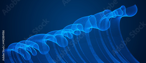 Vector abstract background with magic wave of flowing particles over dark, smooth curve shape lines, transparent tulle textile on wind. 3d shape dots magic blended mesh.